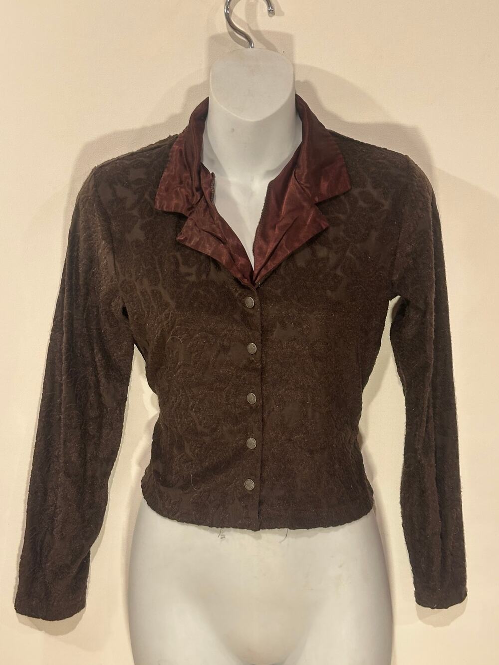 Vintage 90s Y2K A. Byer Brown Burnout Velvet Button Front Crop Blouse Satin